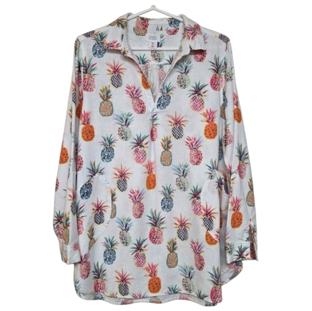 Sigrid Olsen Linen Blend Pineapple Print  Tunic Size L Novelty Coastal Grandma